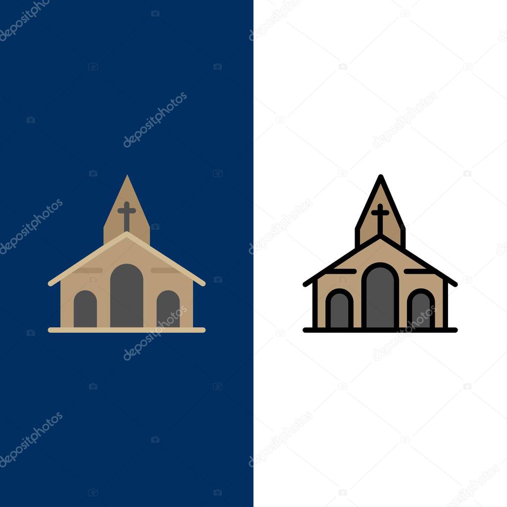 Building, Christmas, Church, Spring  Icons. Flat and Line Filled