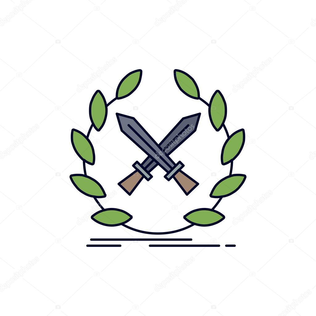 battle, emblem, game, label, swords Flat Color Icon Vector