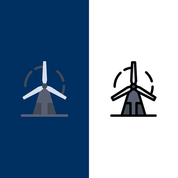 Limpio, Energía, Verde, Energía, Iconos del molino de viento. Lleno plano y de línea — Vector de stock