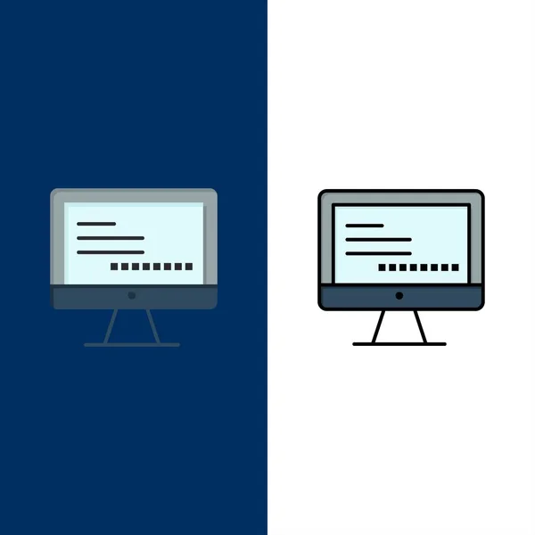 Počítač, monitor, text, ikony pro vzdělání. Plochý a plný řádek — Stockový vektor