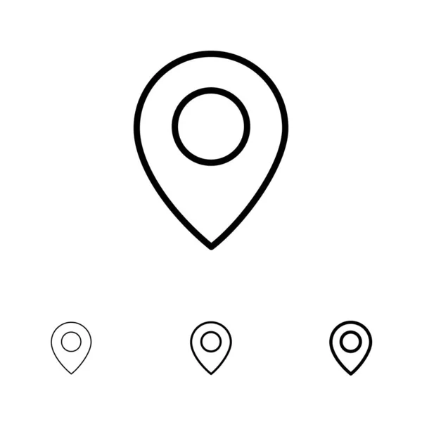 Twitter, Ubicación, Mapa Conjunto de iconos de línea negra delgada y audaz — Vector de stock