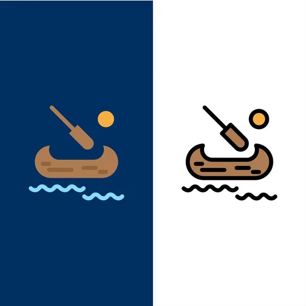 ボート、カヤック、カナダのアイコン。フラットとライン塗りつぶしアイコン セット ベクトル — ストックベクタ
