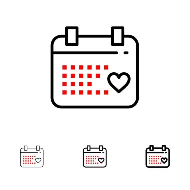 Takvim, gün, aşk, düğün Bold ve ince siyah çizgi simge seti