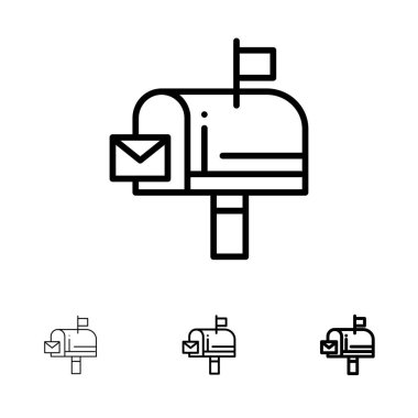 Posta, Kutu, İleti, E-posta Kalın ve ince siyah çizgi simgesi kümesi