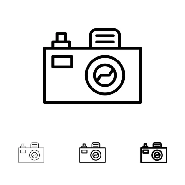 Câmera, Imagem, Design Conjunto de ícones de linha preta ousada e fina — Vetor de Stock