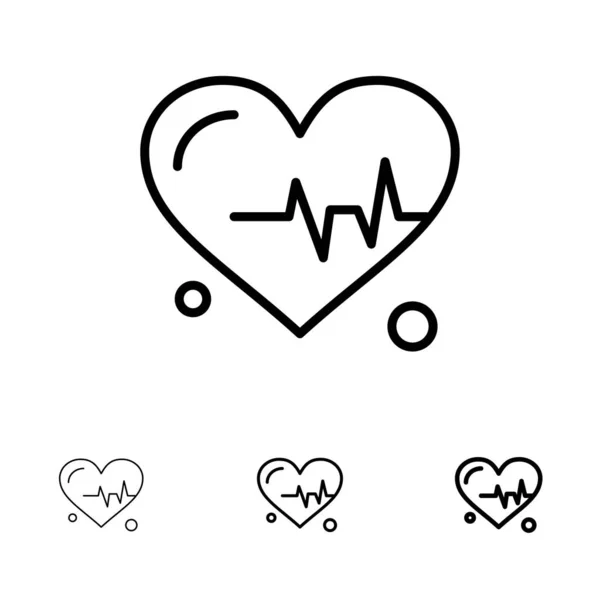 Coração, batida, ciência negrito e fino conjunto de ícones de linha preta — Vetor de Stock