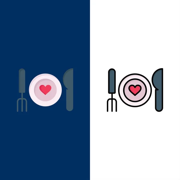 Cena, Romántico, Comida, Cita, Iconos de Pareja. Fille plano y de línea — Vector de stock