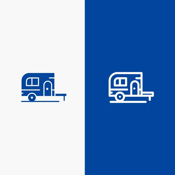 Karavana, Kempink, Tábor, cestovní čára a piktogram ikona modrá ba — Stockový vektor
