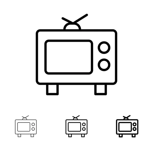 TV, Televisi, Media Berani dan tipis ikon garis hitam ditetapkan - Stok Vektor