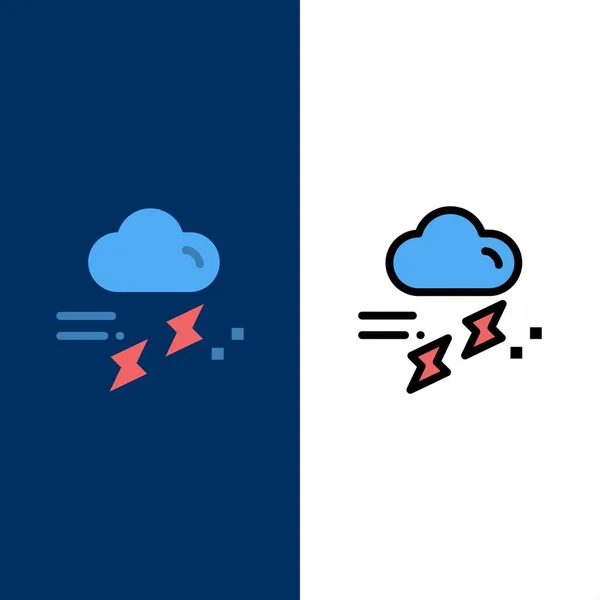 雲、雨、降雨、雨、雷のアイコン。フラットとラインフィル — ストックベクタ