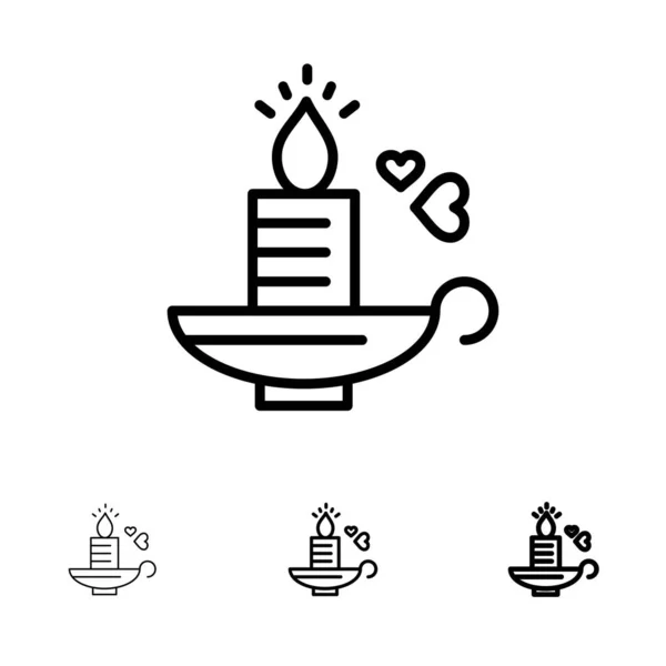 Candle, Love, Heart, Wedding Bold and thin black line icon set — ストックベクタ