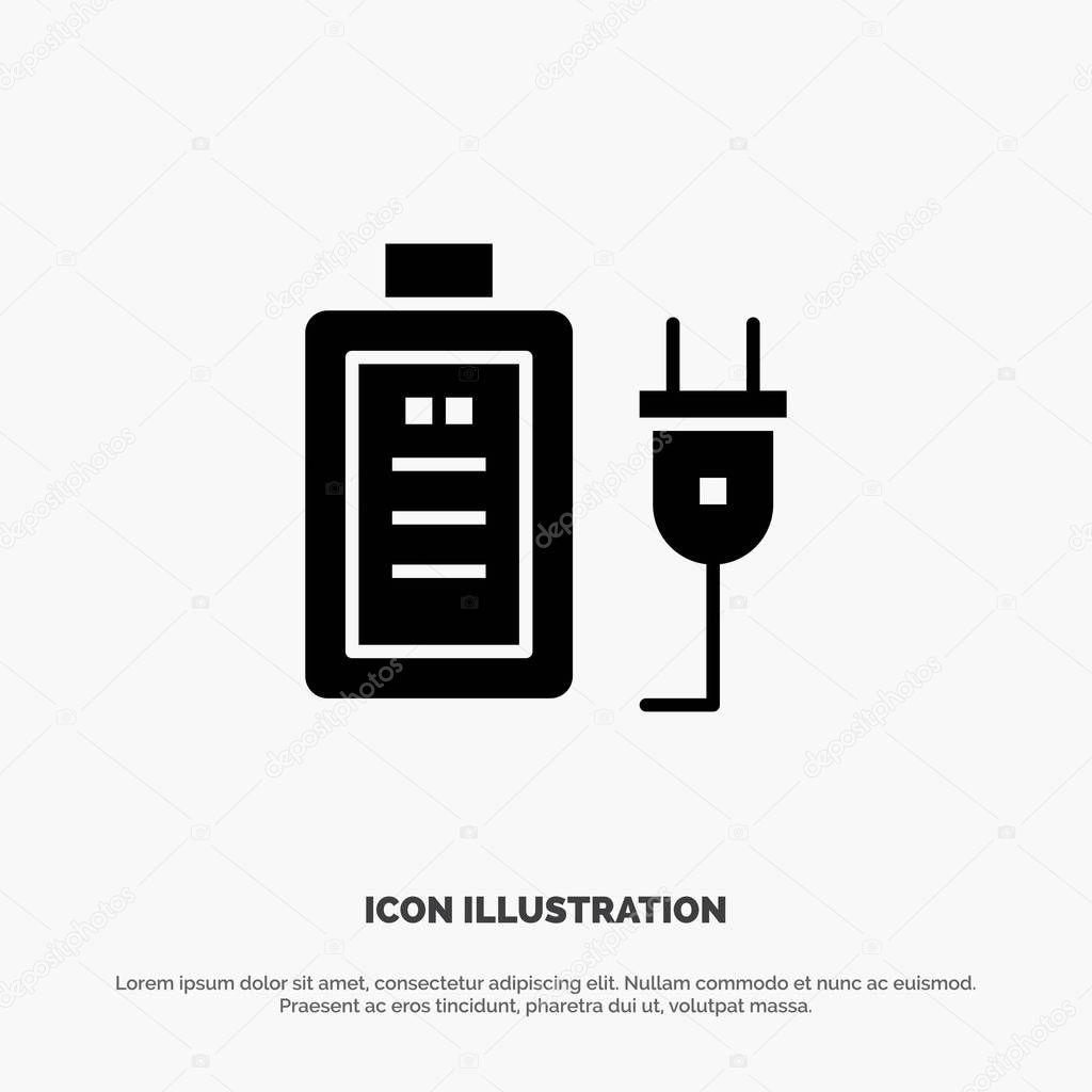 Battery, Charge, Plug, Education Solid Black Glyph Icon