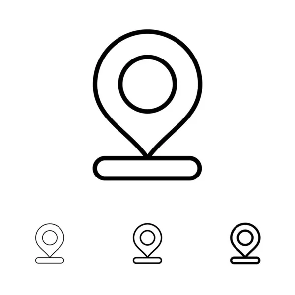 Locatie, kaart, marker, PIN vet en dunne zwarte lijn icon set — Stockvector