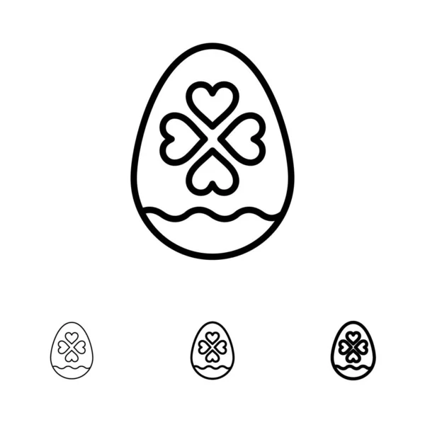 Huevo, amor, corazón, Pascua Negrita y delgada línea negra icono conjunto — Vector de stock