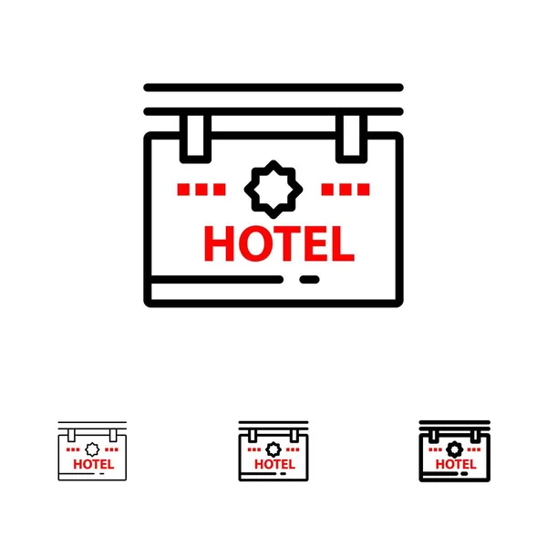 Ξενοδοχείο, υπογραφή, σανίδα, τοποθεσία έντονη και λεπτή μαύρη γραμμή εικονίδιο Set — Διανυσματικό Αρχείο
