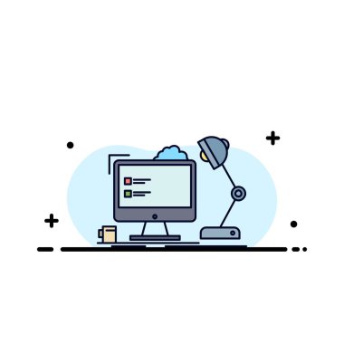 İşyeri, iş istasyonu, ofis, lamba, bilgisayar düz renk simgesi V