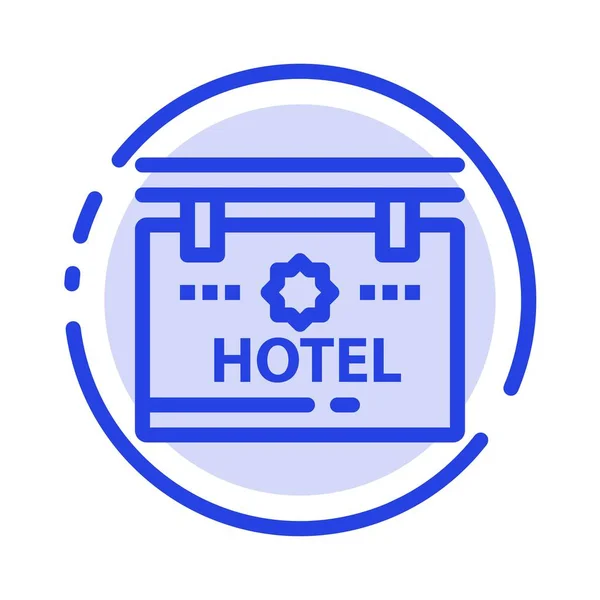 Hotell, skylt, styrelse, plats blå streckad linje linje ikon — Stock vektor