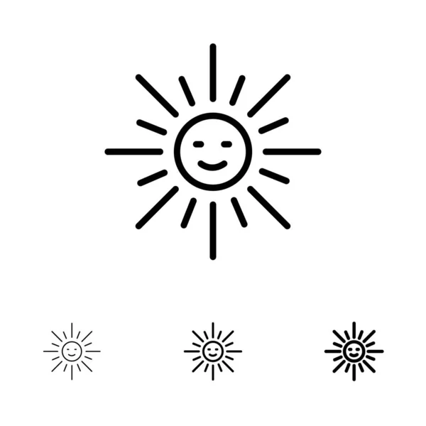 Helderheid, licht, zon, lente vet en dunne zwarte lijn icon set — Stockvector