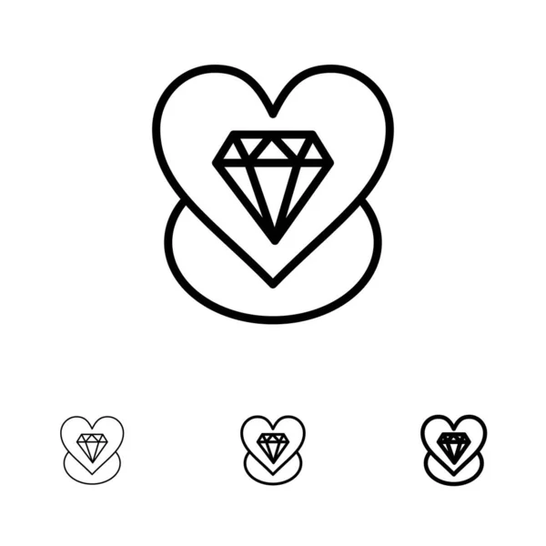 Diamante, Amor, Corazón, Boda Desnuda y delgada línea negra icono conjunto — Archivo Imágenes Vectoriales