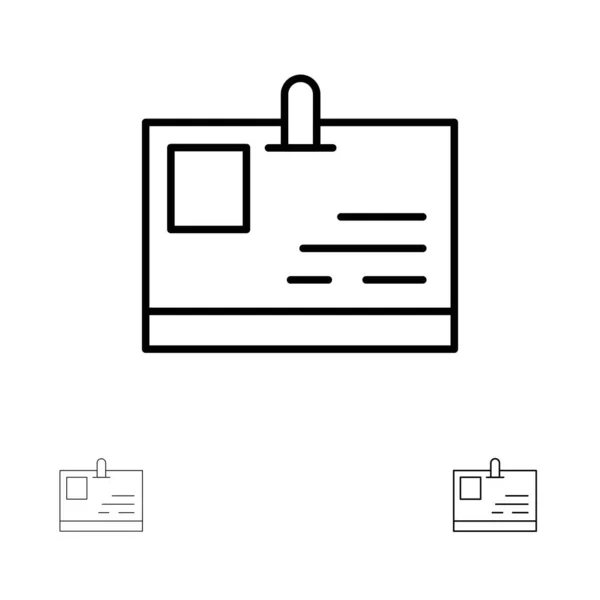 Tarjeta, tarjeta de identificación, identidad, pase audaz y delgado conjunto de iconos de línea negra — Archivo Imágenes Vectoriales