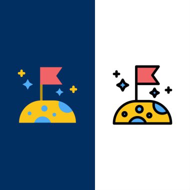 Ay, Yavaş, Uzay Simgeleri. Düz ve Çizgi Dolu Simge Seti Vektör B