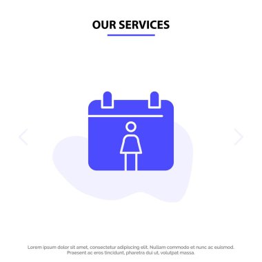 Hizmetlerimiz Takvim, Kadın Katı Glyph Simge Web kartı Şablonu