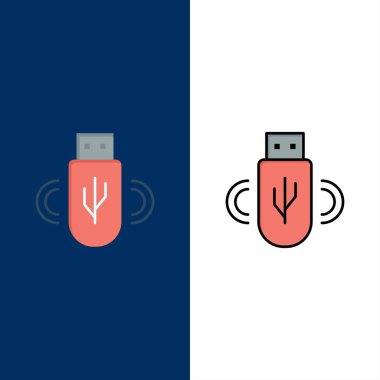 Usb, Paylaş, Veri, Depolama Simgeleri. Düz ve Çizgi Dolu Simge Seti 