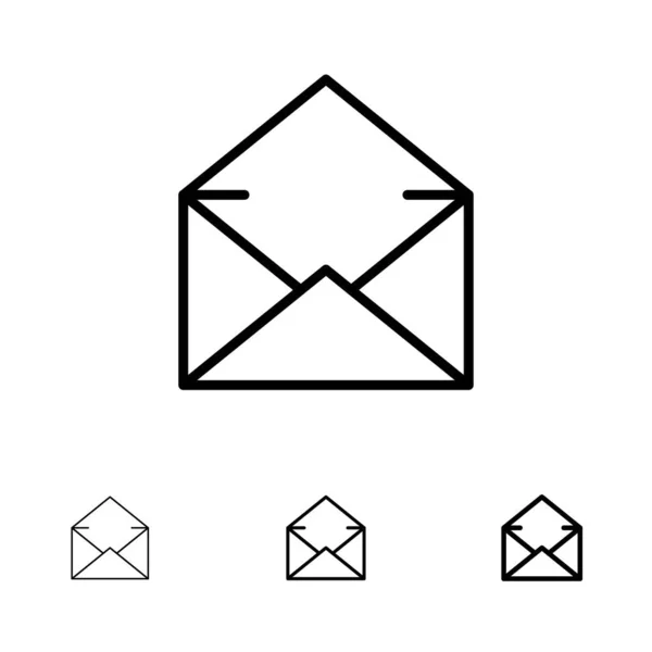 Ηλεκτρονικό ταχυδρομείο, αλληλογραφία, μήνυμα, άνοιγμα έντονης γραφής και λεπτό μαύρο εικονίδιο σειράς — Διανυσματικό Αρχείο
