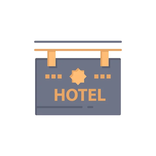 Hotel, Schild, Tafel, Standort flaches Farbsymbol. Banner mit Vektorsymbolen — Stockvektor