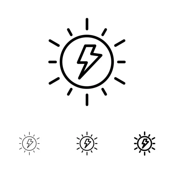 Energia,, Solar, słońce, szarży i cienka Czarna linia ikona zestaw — Wektor stockowy