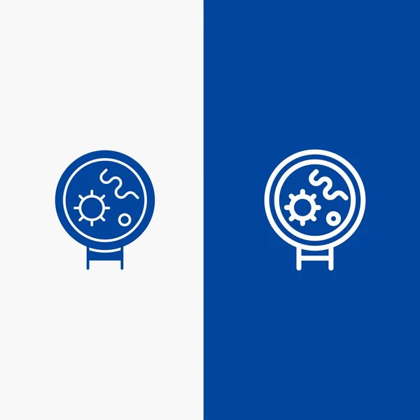 Bacterias, virus, médicos, línea de búsqueda y glifo sólido icono Blu — Vector de stock