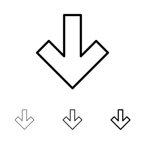 矢印、下向き、裏太字、細い黒い線のアイコンセット — ストックベクタ