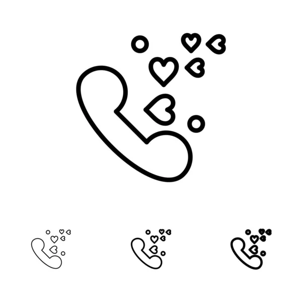 Telefono, amore, cuore, matrimonio Grassetto e sottile linea nera icona set — Vettoriale Stock