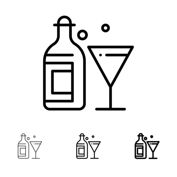 ガラス、ドリンク、ボトル、ワイン大胆、細い黒い線のアイコンセット — ストックベクタ