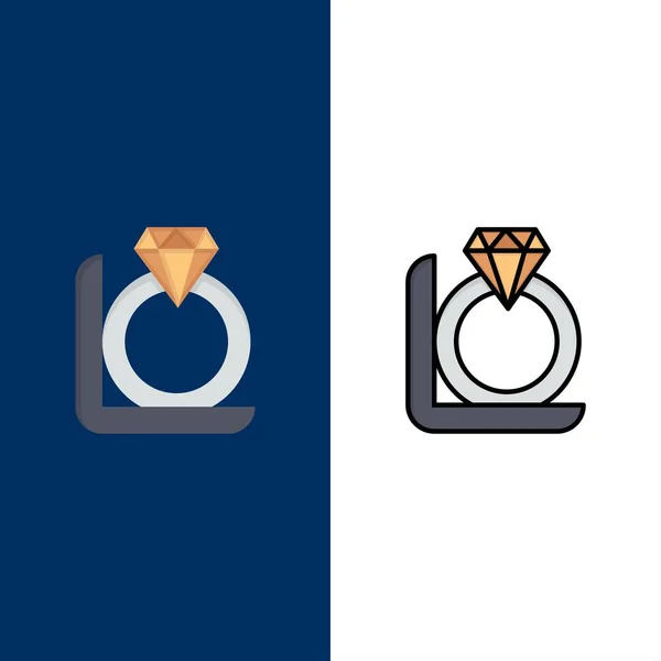 Bague, diamant, cadeau, icônes boîte. Ensemble d'icônes rempli plat et ligne V — Image vectorielle