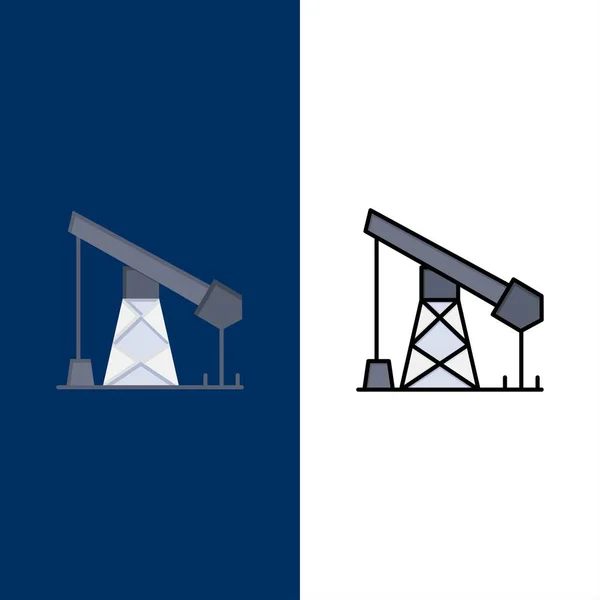 Stavebnictví, průmysl, ropa a plynové ikony. Plochá a vyplněná čára — Stockový vektor