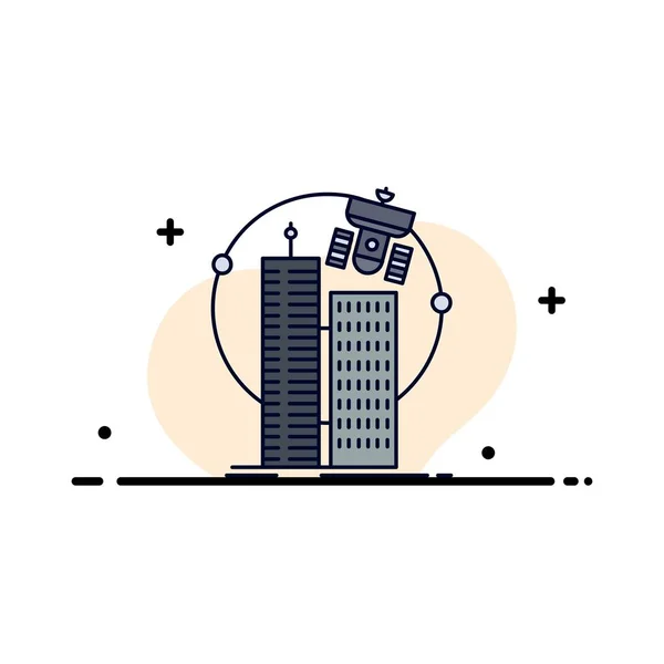 Edificio, ciudad elegante, tecnología, satélite, corporación Flat Co — Vector de stock