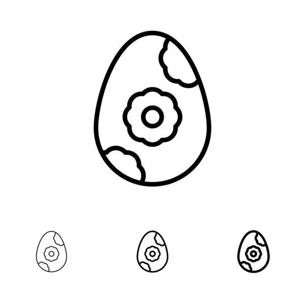 Huevo, Pascua, Flor Negrita y delgada línea negra icono conjunto — Vector de stock