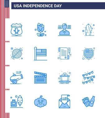 16 ABD 'li Büyük Paket Mutlu Bağımsızlık Günü ABD Vector Blues ve Düzenlenebilir bbq Sembolleri; yiyecek; insan; çöl; çiçek verilebilir ABD Vector Design Elements