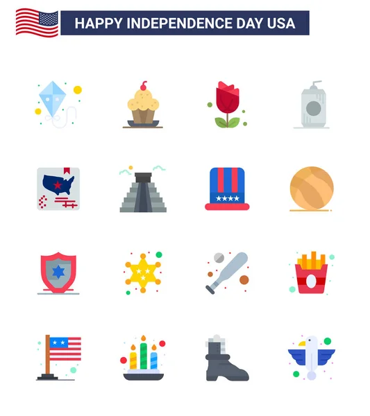 Usa Happy Independence Daypiktogrammset Mit Einfachen Flaggen Usa Blume Getränk — Stockvektor