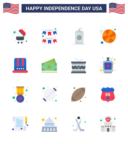 Flat Pack Usa Independence Day Symbols American Hat Bottle Sports — Stock Vector
