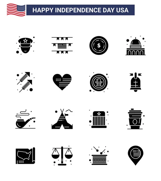 Solid Glyph Pack Med Usa Självständighetsdagen Symboler För Hjärta Fyrverkeri — Stock vektor