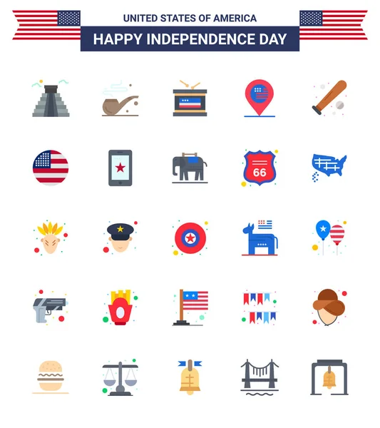 Usa Happy Independence Daypiktogrammset Mit Einfachen Fledermausflachen Ball Feiertag Schild — Stockvektor