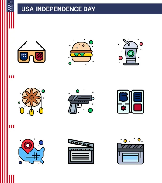 Сша Happy Daypictogram Set Simple Flat Filled Lines Army Gun — стоковый вектор