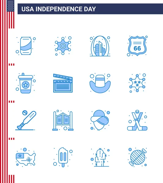 Blue Pack Med Usa Självständighetsdagen Symboler För Dryck Tecken Båge — Stock vektor