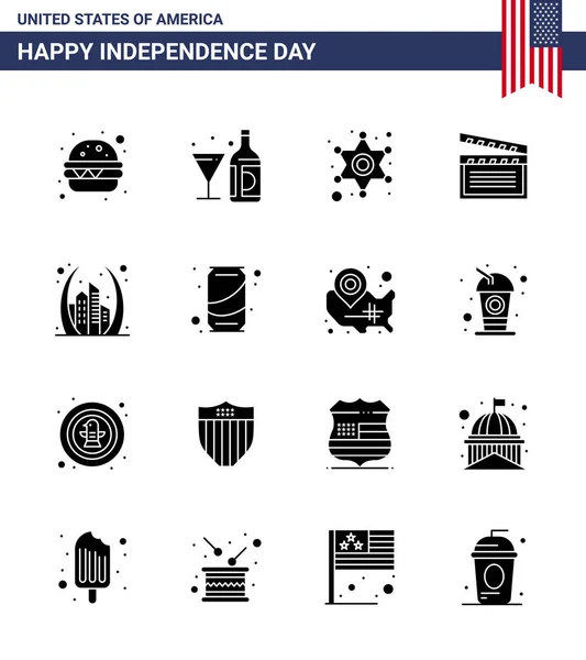 Happy Independence Day Solid Glyphs Icon Pack Web Print Building — Stock Vector