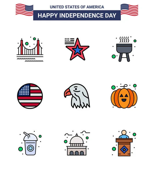 Happy Independence Day Iulie Set Linii Plat Umplut American Pictograph — Vector de stoc