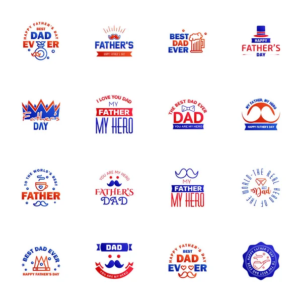 Happy Fathers Day Blue Red Typography Set Vector Emblems Lettering — Stock Vector