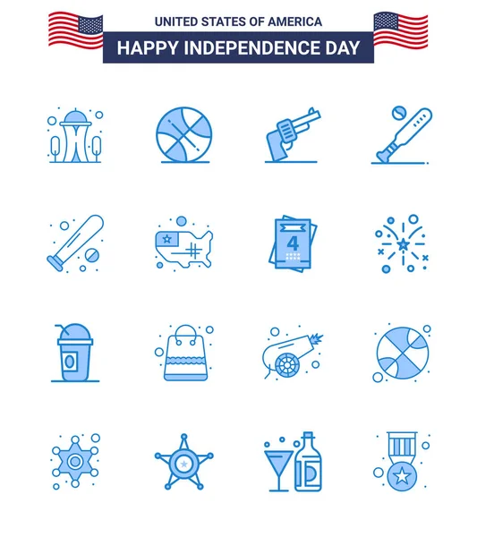 Happy Independence Day Pack Blues Segni Simboli Mappa Sport Pistola — Vettoriale Stock