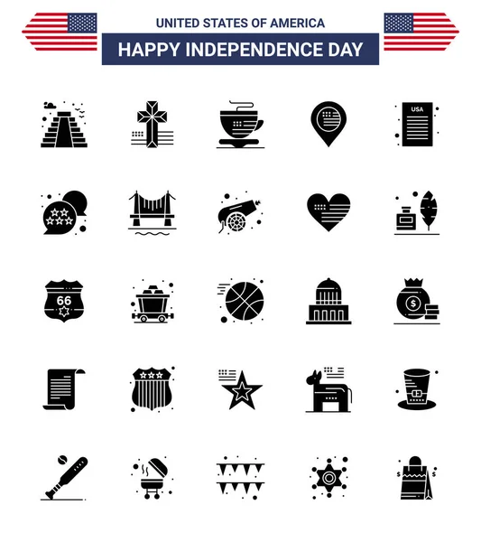 美国25日的库存矢量图标包固体标志和国旗符号 独立宣言 可编辑的美国日矢量设计元素 — 图库矢量图片